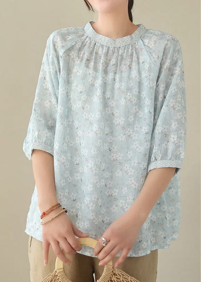 Blue O-neck Patchwork Ramie Shirts Half Sleeve