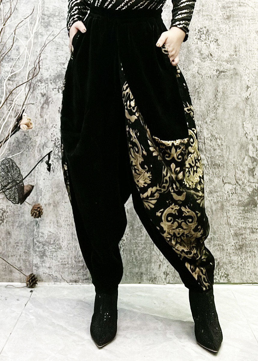Black Embroidered Pockets Patchwork Corduroy Lantern Pants Spring