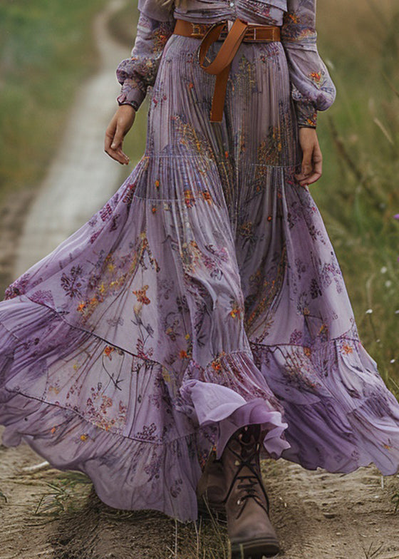 Pastoral Purple V Neck Print Dresses Long Sleeve
