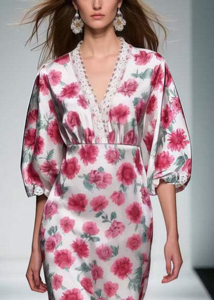 Pink Patchwork Lace Silk Mid Dress Summer