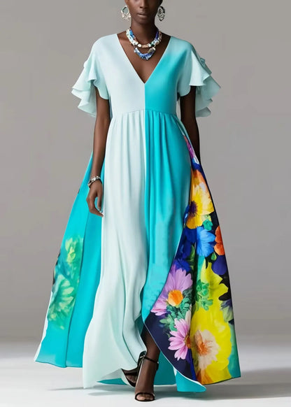 Blue Exra Large Hem Patchwork Silk Vestidos Dress Petal Sleeve