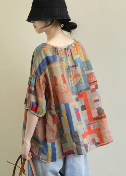 Diy Colorblock V Neck Geometric Print Linen Loose Tops Short Sleeve
