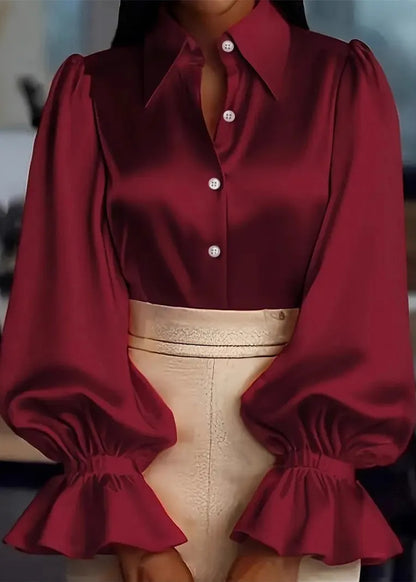 Apricot Peter Pan Collar Puff Sleeve Silk Shirts Top