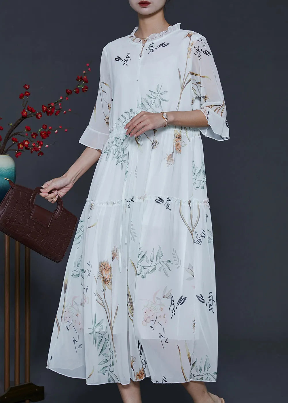 White Ruffled Print Chiffon Cinched Dresses Summer