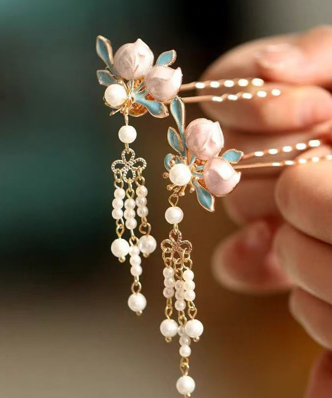 Chinese Style Multicolor Copper Alloy Pearl Drip Glaze Tassel a Pair Hairpin