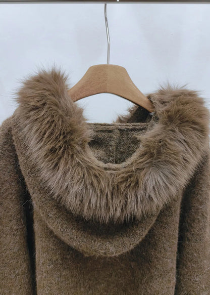 Brown Fur Collar Cozy Hooded Cotton Knit Pullover Winter