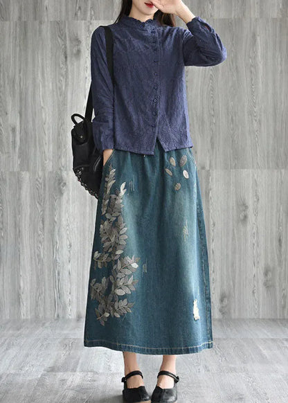 Unique Navy Patchwork Embroidered Denim Skirt Spring