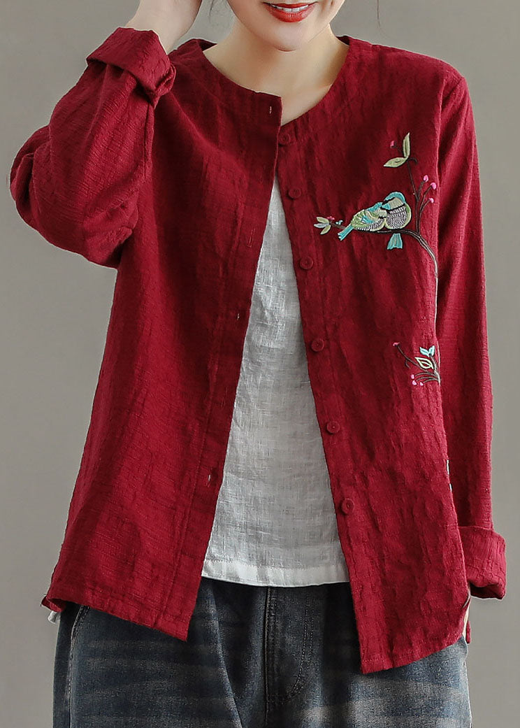 Red Embroidered Patchwork Cotton Cardigans Coats Spring