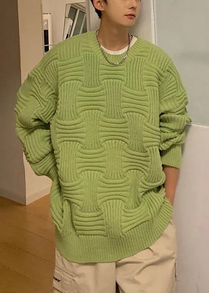Loose Green O Neck Thick Knit Sweaters Winter