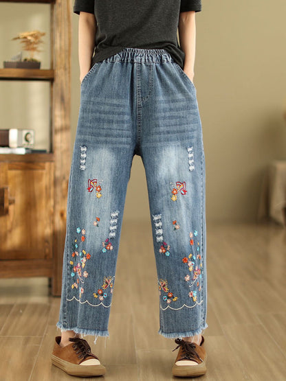 Summer Retro Embroidery Frayed Straight Denim Pants