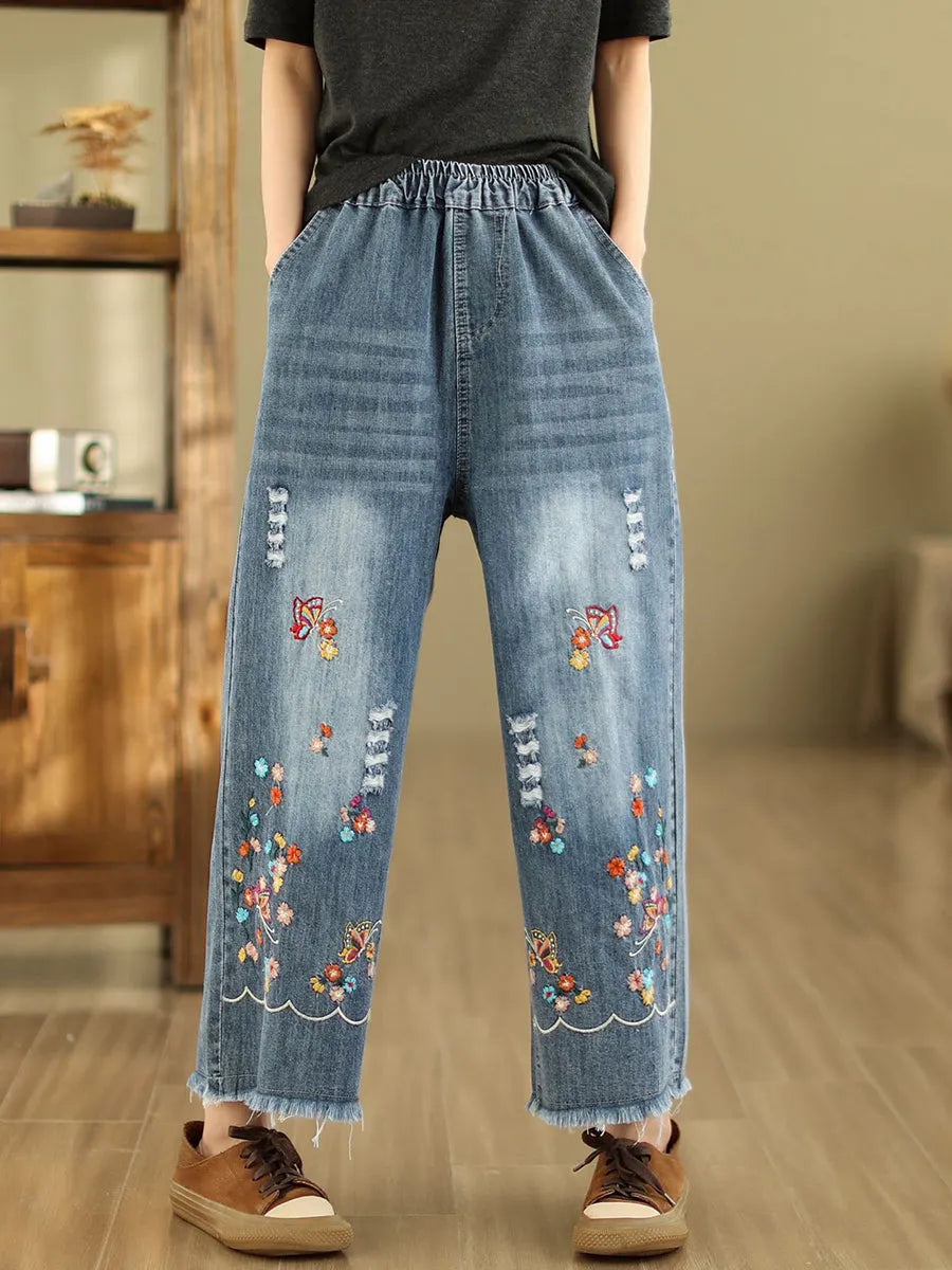 Summer Retro Embroidery Frayed Straight Denim Pants