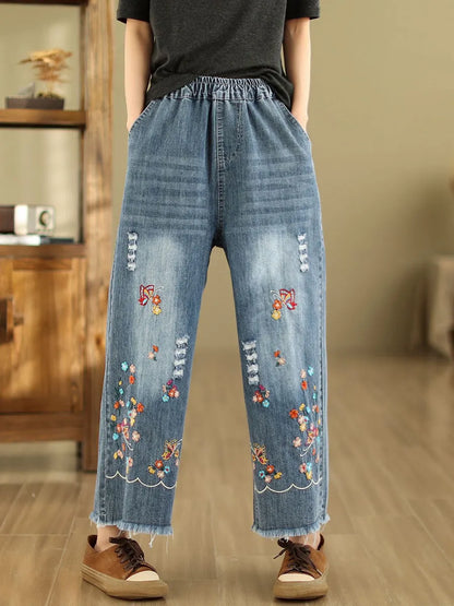 Summer Retro Embroidery Frayed Straight Denim Pants
