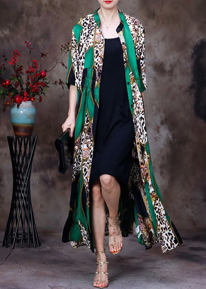 Green Stand Collar Leopard Print Button Wrinkled Silk Long Cardigans Summer
