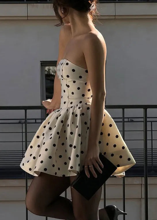 White Strapless Dot Cotton Mid Dress Sleeveless