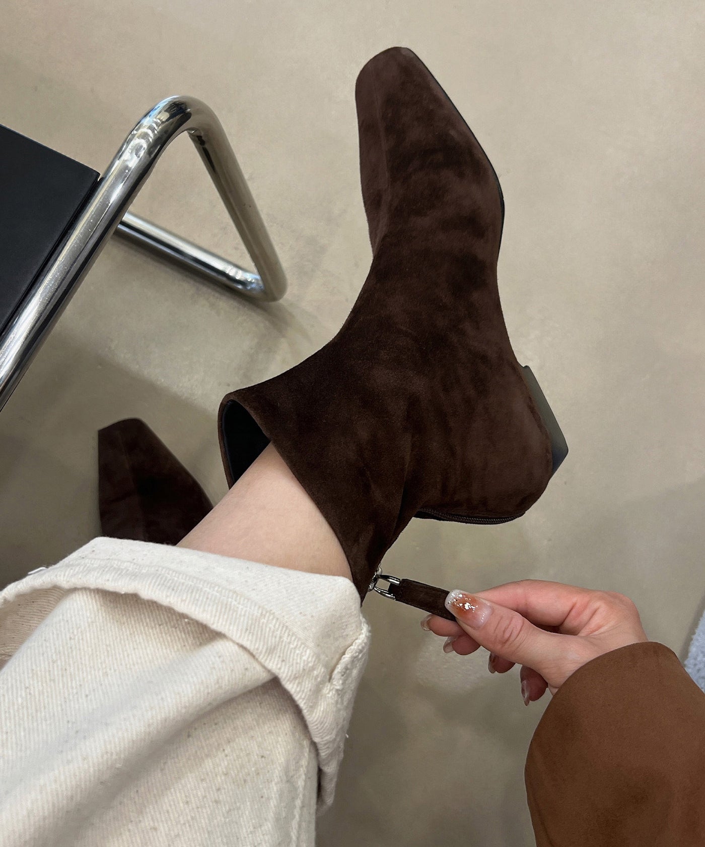 Brown Chunky Suede Comfy Splicing Zippered Boots