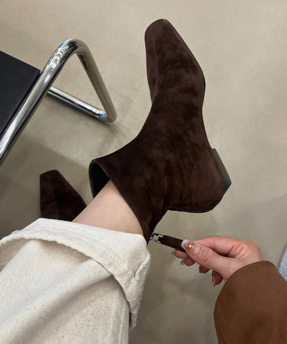 Brown Chunky Suede Comfy Splicing Zippered Boots