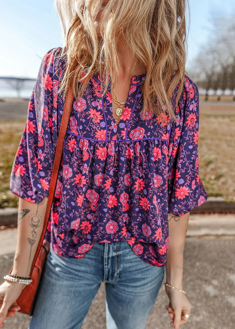 Purple O Neck Print Chiffon Top Summer