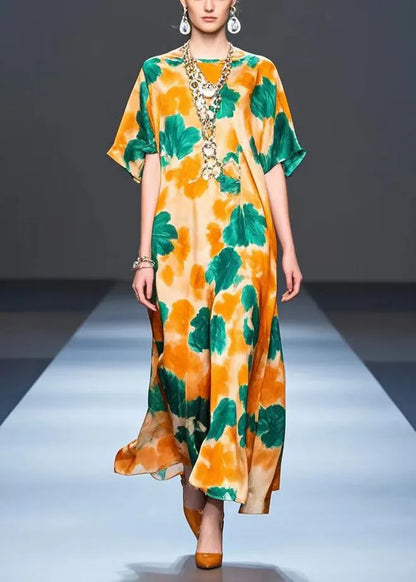 Orange Oversized Print Silk Party Dress Summer