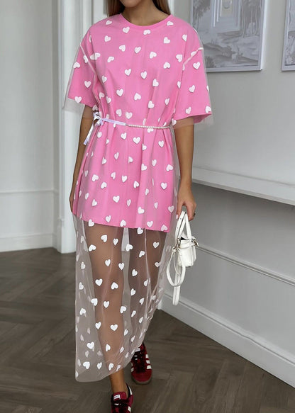 Pink O Neck Heart Patchwork Tulle T Shirt Dress Summer