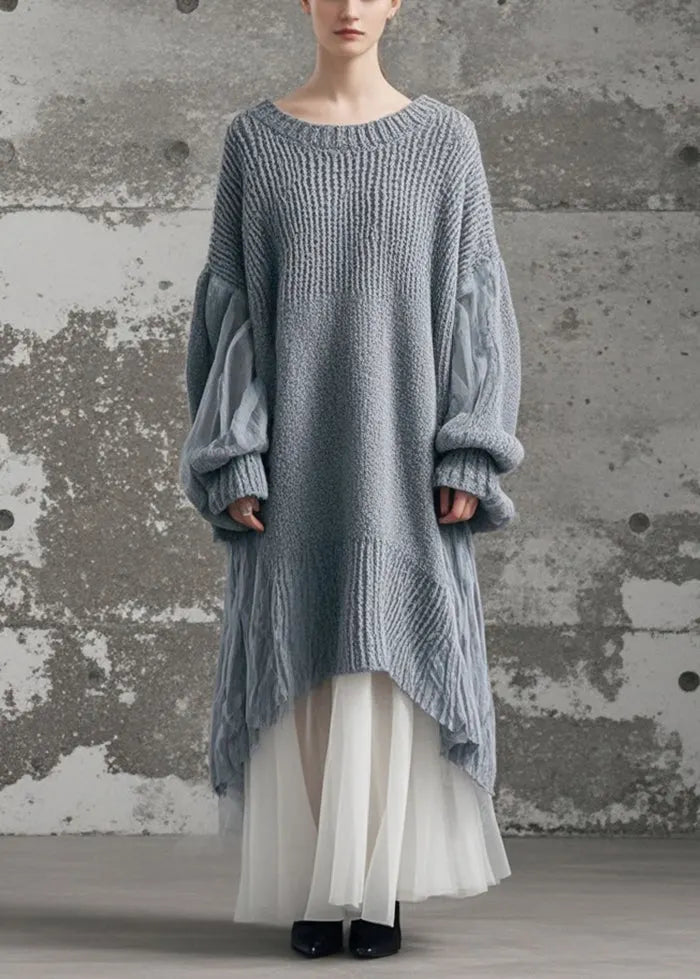 Grey Oversized Patchwork Tulle Long Knit Dress Winter