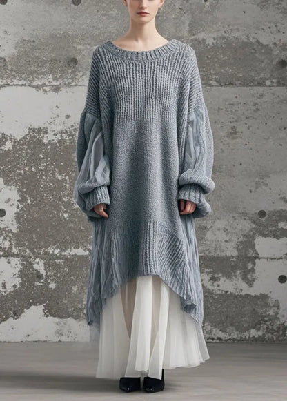 Grey Oversized Patchwork Tulle Long Knit Dress Winter