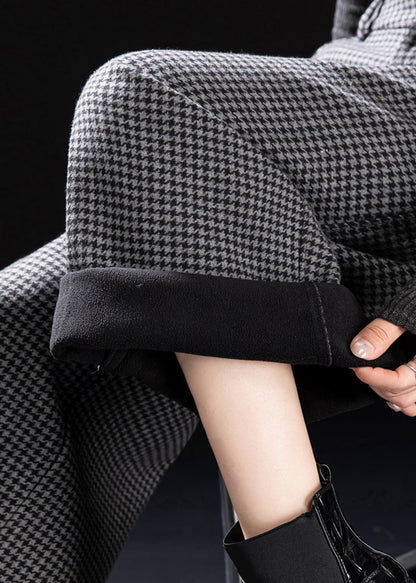 Fitted Grey Plaid Warm Fleece Wide Leg Pants Winter