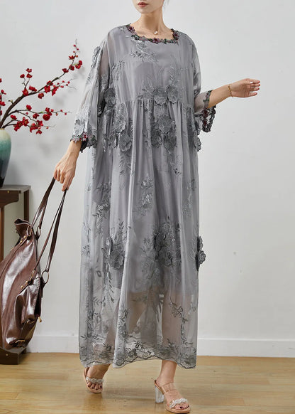 Grey Embroidered Silk Party Dress Fall