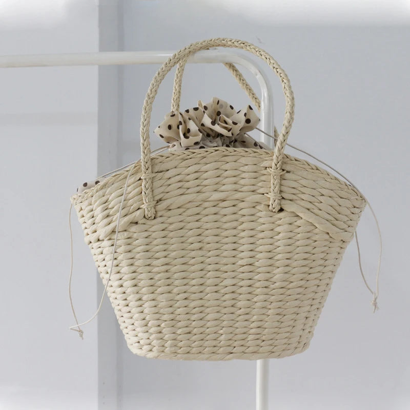 Summer New Straw Woven Braided Top Handle Travel Shopping Bucket Simple Large Handbags