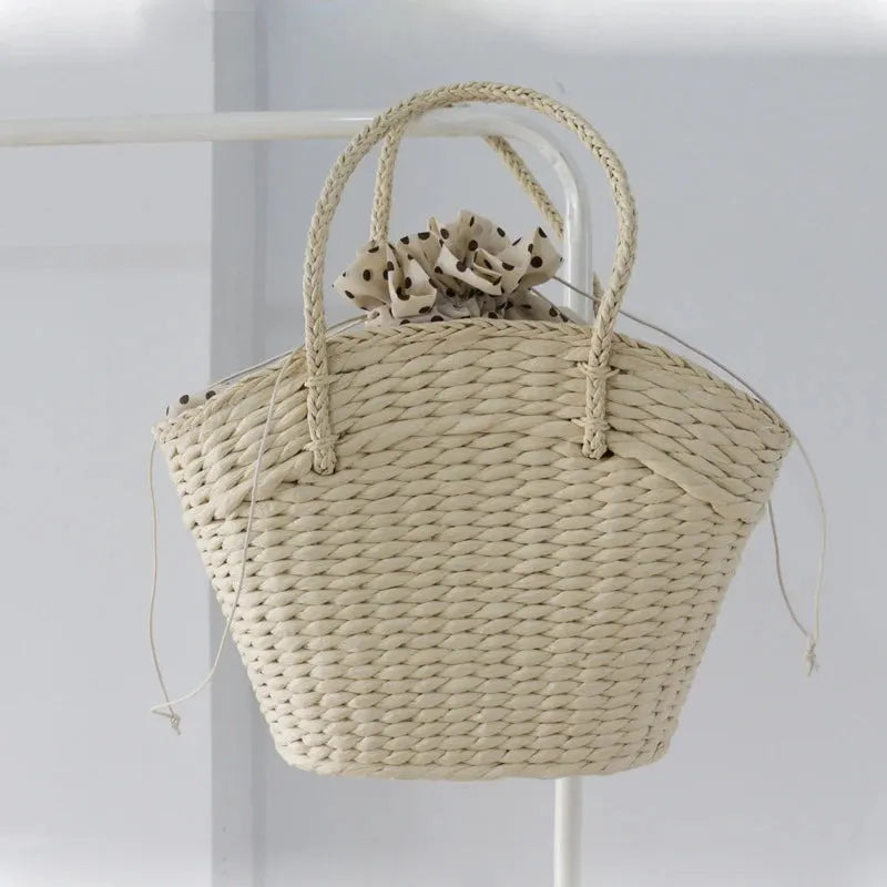 Summer New Straw Woven Braided Top Handle Travel Shopping Bucket Simple Large Handbags