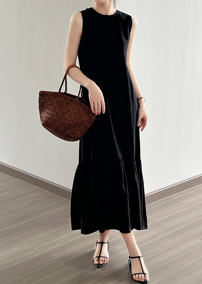 Black Wrinkled Cotton Long Dress O Neck Sleeveless