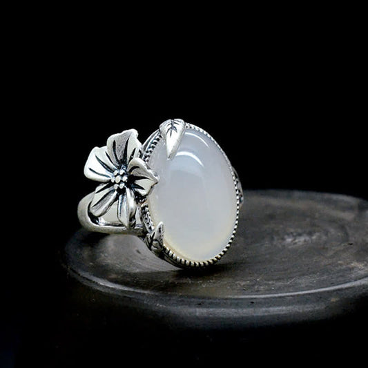 Buddha Stones 990 Sterling Silver Natural Chalcedony Plum Positive Harmony Ring