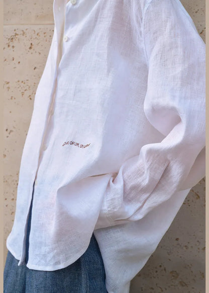 White Peter Pan Collar Embroidered Linen Blouses Spring