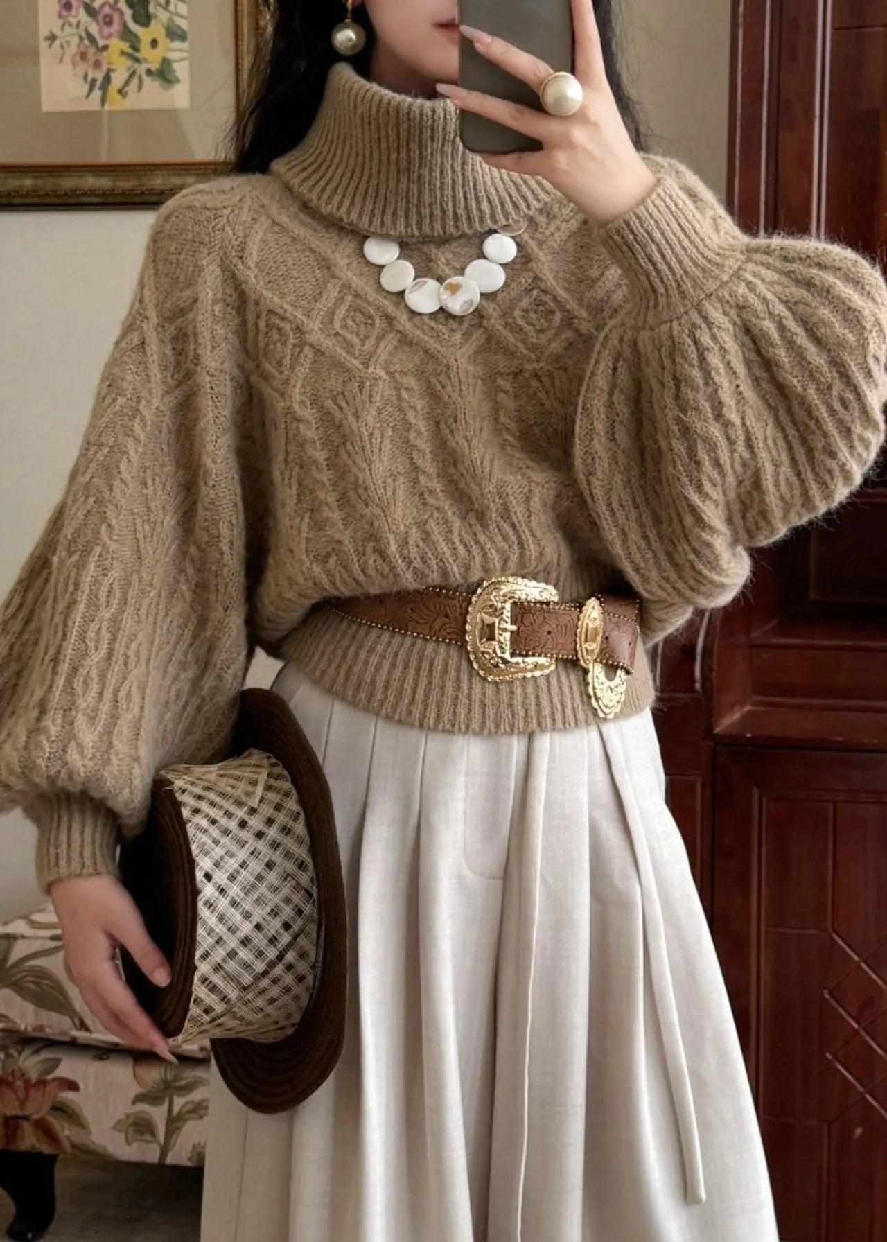 Khaki Turtleneck Thick Cable Cotton Knit Sweaters Puff Sleeve