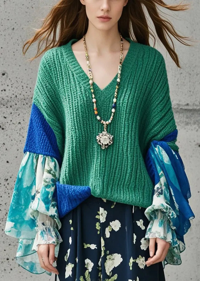 Tea Green V Neck Patchwork Print Sweater Tops Fall