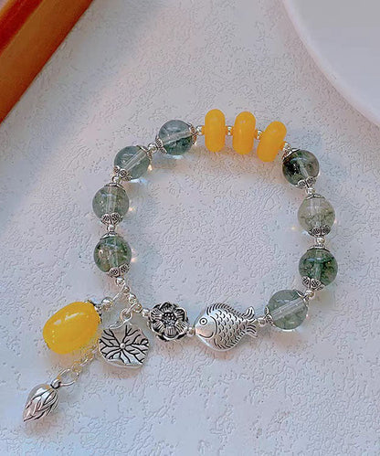 Silk Sterling Silver Crystal Little Fish Playing With Lotus Tassel Charm Bracelet