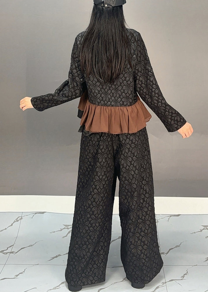 Chinese Style Black V Neck Button Top and Wide Leg Pants Two Pieces Set Spring