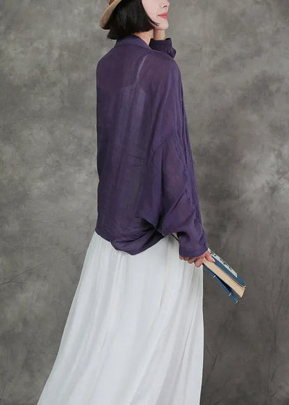 New Original Purple V Neck Linen Cardigan Bat Sleeves