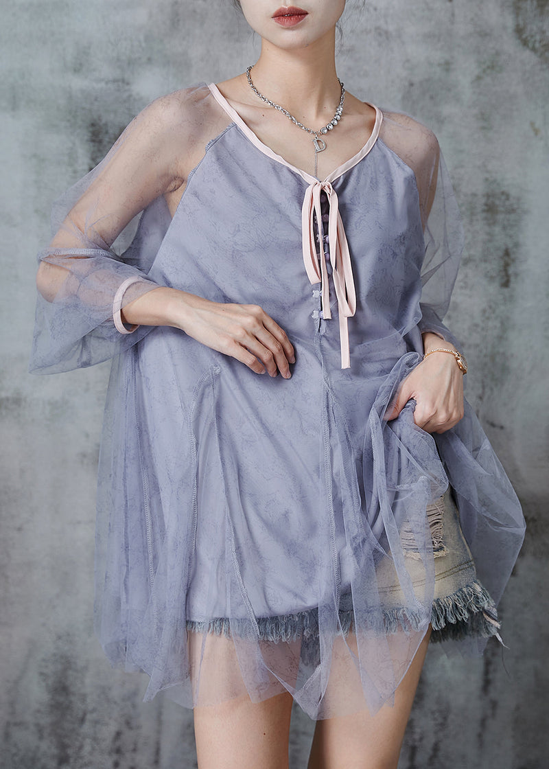 Grey Oversized Patchwork Tulle Top Summer