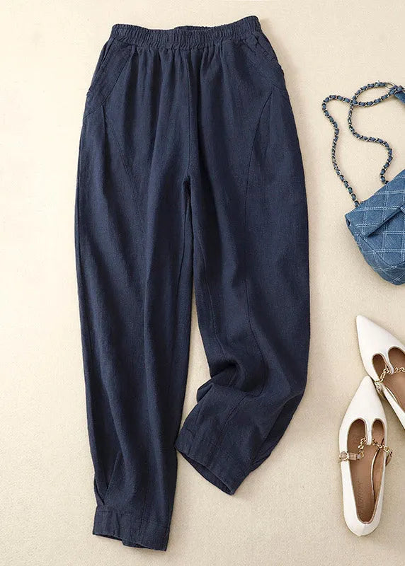 Yellow Patchwork Elastic Waist Linen Wide Leg Pants Summer