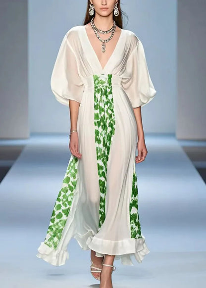 White V Neck Print Silk Party Dress Summer