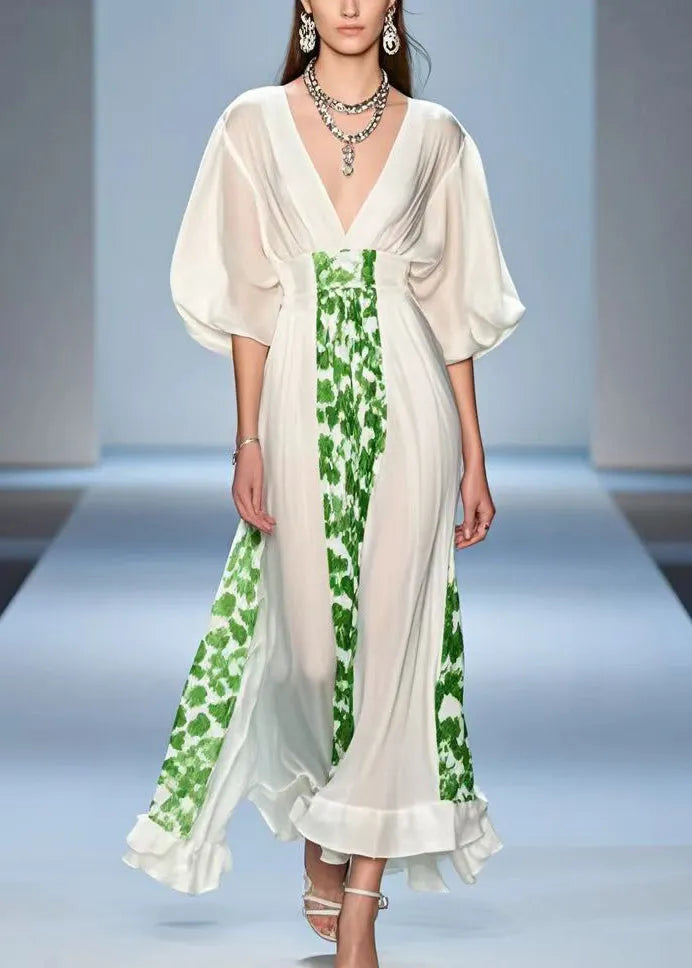 White V Neck Print Silk Party Dress Summer