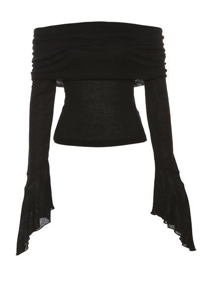 Style Black Cold Shoulder Cotton Blouse Top Long Sleeve