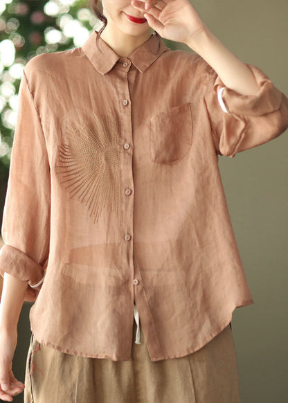 Classy Khaki Embroidered Ramie Top Long Sleeve