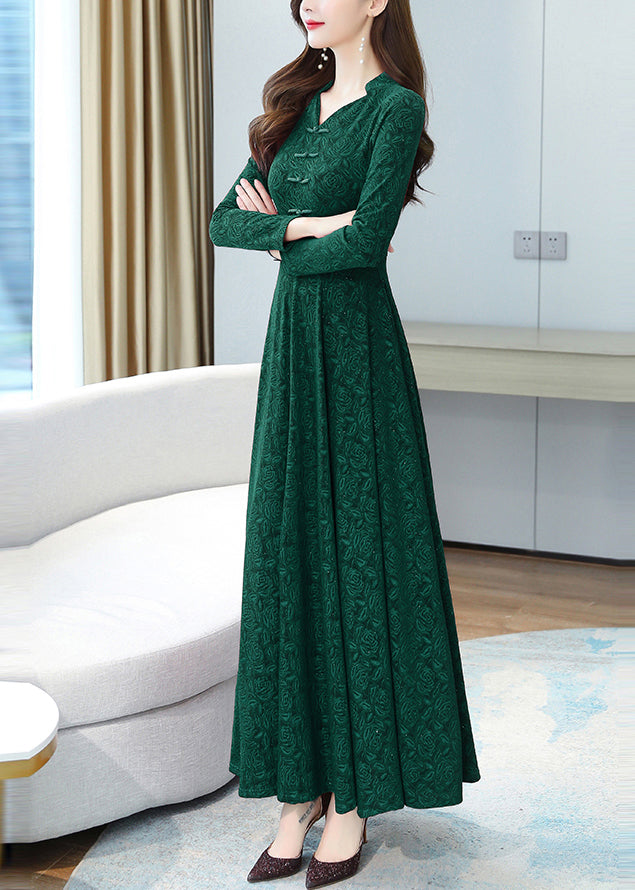 Green Print Chinese Button Cotton Long Dresse Spring
