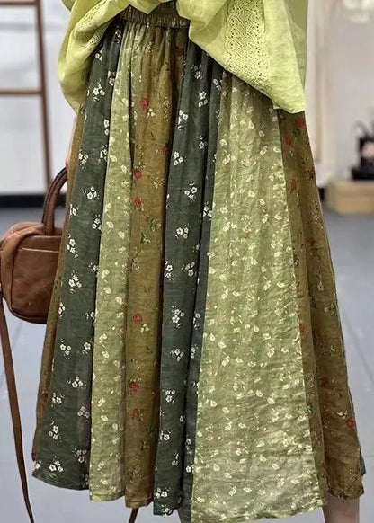 Diy Green Print Wrinkled Elastic Waist Linen Skirt Spring