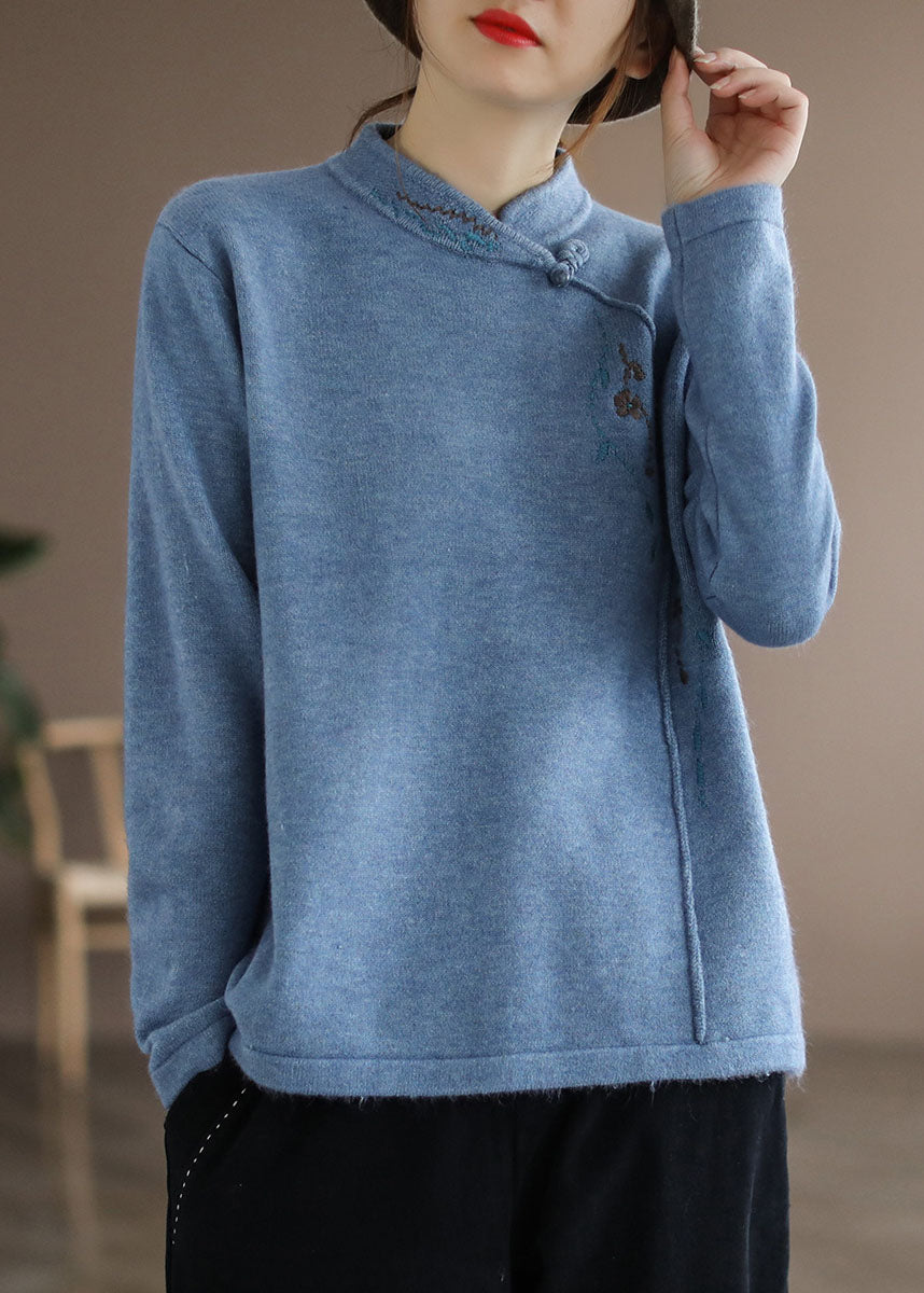 Blue Stand Collar Embroidered Thick Knitted Sweater Long Sleeve