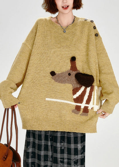 Diy Yellow Asymmetrical Dog Jacquard Knit Sweater Tops Winter