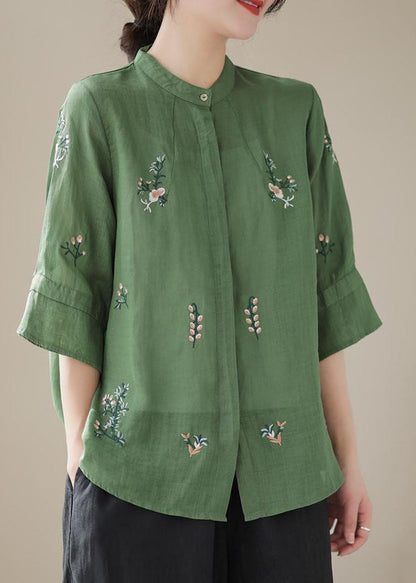 Green Stand Collar Embroidered Patchwork Linen Tops Summer