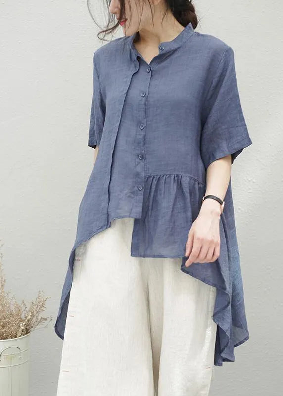 Handmade Blue Linen Clothes Stand Collar Asymmetric Cotton Blouse