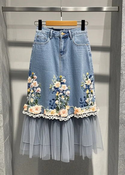 Blue Flower Patchwork Tulle Denim Skirts Fall